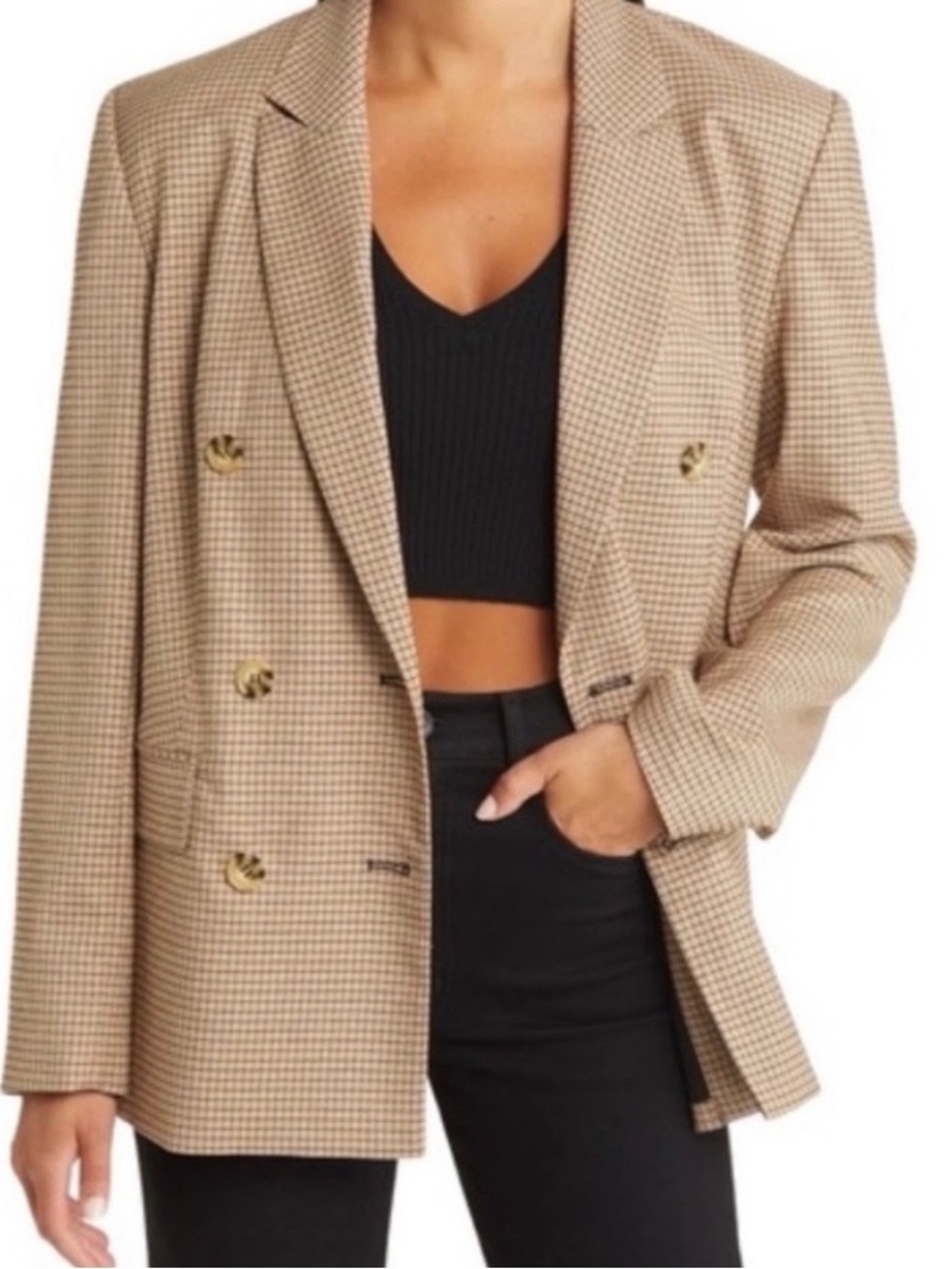 Wayf Tan Checked Double-Breasted Blazer